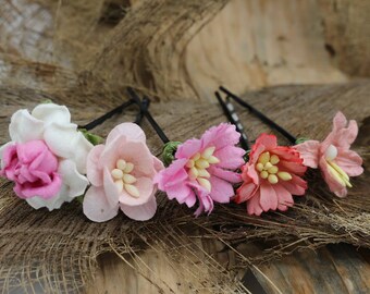Set of 5 Pink Peach Mulberry Paper Flower Hair Pins , Bridal Hair Pins, Hair Bobby Pins,U pins,Prom,Bridal Hair Clips (FL349)