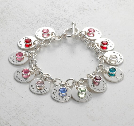 Personalized name Charm bracelet with 10 discs and birthstones