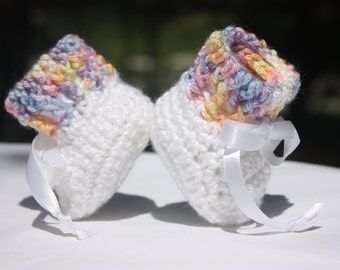 Baby Girl Rainbow Booties - White Baby Girl Booties - White Crochet Baby Booties - Rainbow Crochet Booties