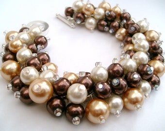 Bridal Jewelry, Wedding, Pearl Bridesmaid Bracelet, Cluster Bracelet, Pearl Bracelet, Brown and Ivory Pearl Jewelry - Designs by Kim Smith
