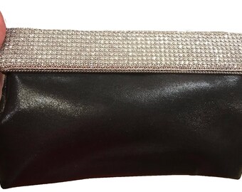 New Black Metallic Faux Leather With Crystal Rhinestone Flap Hard Shell Evening Clutch Bag