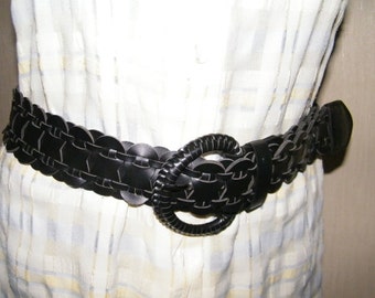 Vintage black wide belt faux leather braided belt boho hippie biker belt