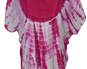 Pink Tie Dye Cover Up Top Kimono Style Gypsy Boho Chic Summer Fashion Rayon Loose Comfy Blouse Kaftan Top