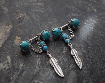 Two Large Sexy Turquoise Stone 14g (1.6mm) 12mm (1/2") Piercing Barbell Jewelry Nipples Cartilage Conch Multiple Piercings