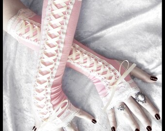 Sugar Maiden Victorian Corset Laced Up Arm Warmers | Light Pink Pale Ivory Lace & Ribbon | Pastel Gothic Goth Burlesque Bridal Cream Cosplay
