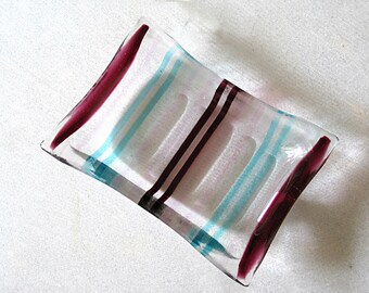 Clear Fused Glass Soap Dish with Aqua and Pink Stripes