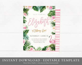 Tropical Love Flamingo Birthday Invitation Card | Instant Download, Editable, Printable | Summer, Tropical, Hawaiian | DC023