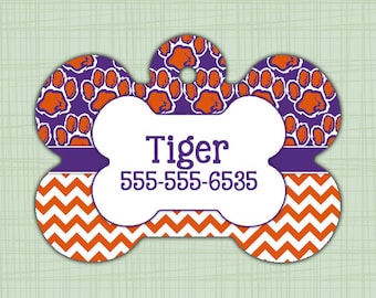 Custom Pet ID Tag Clemson Tigers, Personalized Dog Tag, Identification name tag, Cat Tag, Lunch Box Tag, Bag Tag