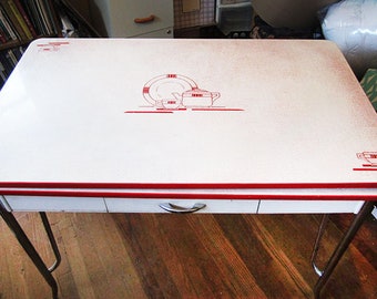 Deco Enamel Kitchen Dining Table Sliding Leaves Expandable Red White Teapot Teacup Design LOCAL PICKUP ONLY