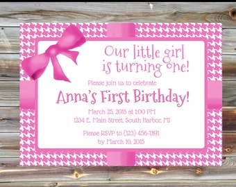 Pink Houndstooth Girl Birthday Party Invitation - Printable Custom First Birthday Party Invitation for Girl - Pink 1st Birthday Invitation