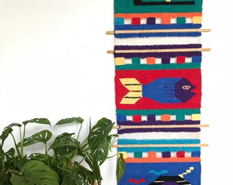 Woven wall hanging Aztec art, fiber wall tapestry