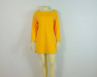 60s 70s Vintage Pinehurst Lingerie Nightgown Vibrant Yellow & Blue Tunic Style Nightie Size Small Made in USA