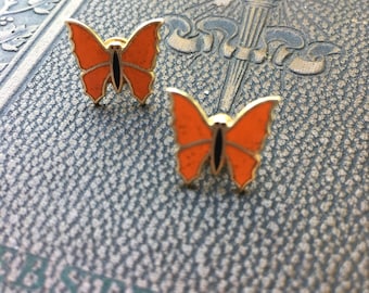 BUTTERFLY Enamel Stud Post Pierced Earrings Orange