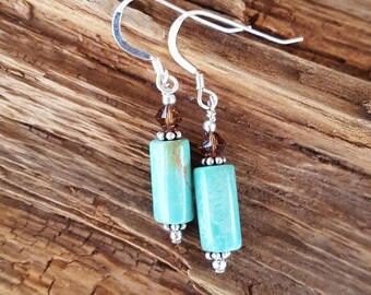 Genuine Turquoise and Sterling Silver Earrings, Long Turquoise and Sterling Silver Drop Earrings, Small Oblong Tubular Turquoise Earrings