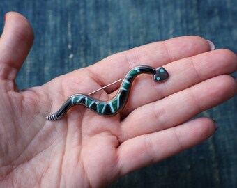 Snake Brooch / Zuni Style Inlay Serpent / Vintage Southwest Sterling Rattle Snake Pin
