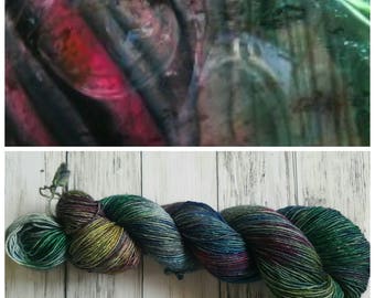 Hand Dyed Yarn, Muscovite, Single Ply Merino and Stellina, Sparkle, Perfect for Shawls and Lightweight Accessories - Charred Tourmaline