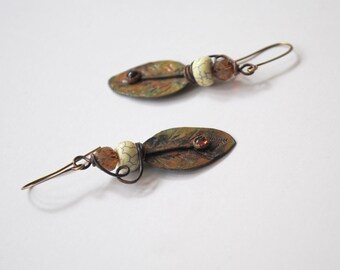Hand Forged Leaf Earrings, Copper Leaves, Garnet Earrings, Boho Chic Earrings, Earthy Earrings, Woodland Jewelry