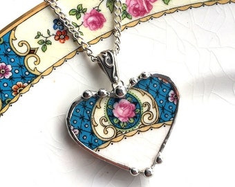 Dishfunctional Designs Broken china jewelry - heart pendant necklace - antique Victorian - pink rose on vibrant blue - beautiful