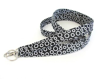 Fabric Lanyard, ID Badge Lanyard Key Holder, black white circles - Teacher gift, Teacher lanyard