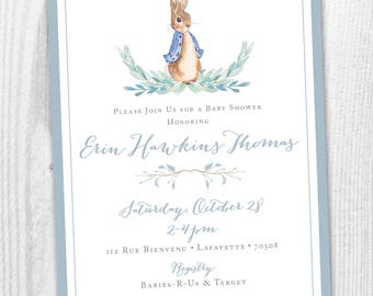 Peter Rabbit Girl or Boy Baby Shower Printable Invitation { Blue or Pink } { Script } { Beatrix Potter }