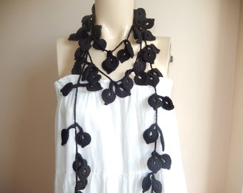 Black Crochet Scarf-Leaves Necklace Scarf-Lariat Neklace Scarf-Handmade Long Scarf