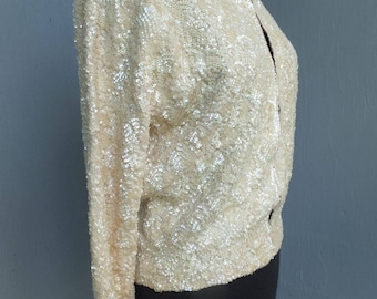 Vintage 1950s Sequin Sweater, MODELLE'S, Creamy White Hand Sewn Sequin Cardigan - Sweater, size 42