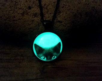 Glow Black Cat Necklace, Halloween Necklace, Glow in the Dark Cat, Glowing Cat Eyes Necklace, Cat Lover Gift, Cat Jewelry Halloween Jewelry