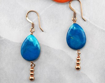 Blue Crazy Lace Agate Teardrop Copper Earrings