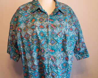 Vintage KAHALA Green, Blue Men's Hawaiian shirt Made in Hawaii Aloha shirt 100%