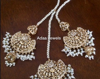 Hyderabadi Jewelry set pearls indian jhumar tikka passa Pakistani designer jewellery Adaa Jewels Nizam semi precious gold plated