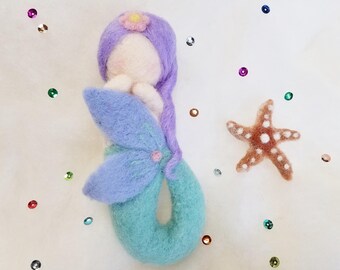 NEEDLE FELTED MERMAID with Starfish /lavender and aqua / Needle Felted Ornament / Made in Maine by Caryn Burwood of Purple Moose Felting