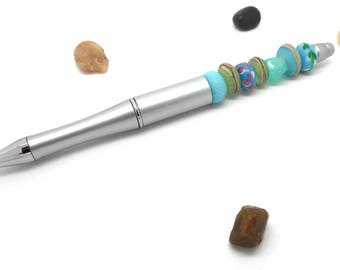 Ballpoint pen silver, glass beads shades of blue