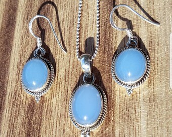 Jewelry set 925 solid sterling silver necklace with earrings chalcedony