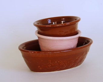 Vintage Oven Serve, Pink Custard Cup, Homer Laughlin Bowls, Brown Ceramic Bowls