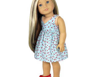 Fits Like American Girl Doll Clothes . Blue Cherry-Print Dress.