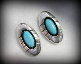 Vintage ZUNI Corrine and Porfilio Sheyka SHADOWBOX Earrings --- Sterling and Turquoise, Over 1" long, 7.2g Total, Gorgeous Color
