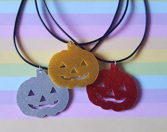 Glitter pumpkin necklace, Pumpkin necklace, Glitter necklace, Halloween, Pumpkin, Kawaii, Glitter, Horror, Goth, Emo, Punk