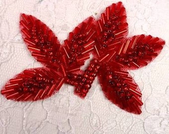 FS566 Red Beaded Leaf Applique 3.5" (FS566-rd)