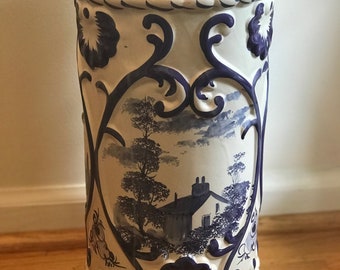 Beautiful blue and white hand painted vintage umbrella stand