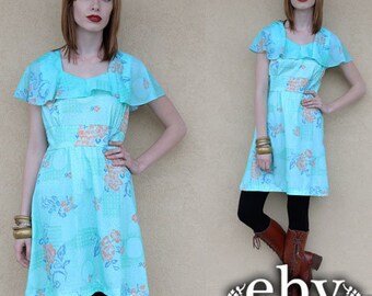 1970s Dress 70s Dress Hippie Dress Hippy Dress Blue Dress Floral Dress Boho Dress Vintage 70s Floral Babydoll Dress S M Floral Mini Dress