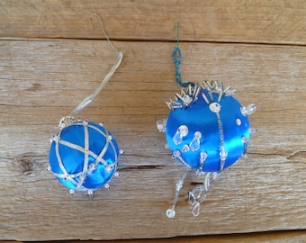 2 Beaded Christmas Ornaments Blue Silver Handmade