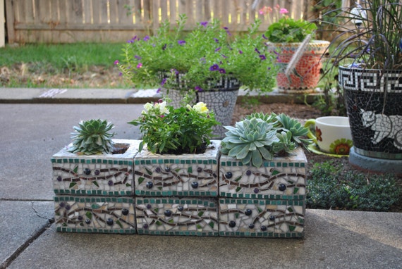 Custom Designed Mosaic Cinder Block Herb Garden Planter Olive