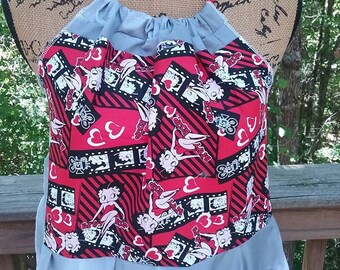 Women's Ruffled Full Market Apron, Recycled Gardening Pocket Apron, Handmade Patchwork Festival Hippie Halter Top, Waitress Server Kitchen