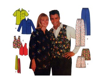 Button Up Shirt, Elastic Waist Pants, Shorts, Vest, Tie, Women's, Men's, Teen's Sewing Pattern Size Large, XL Uncut Simplicity 8989