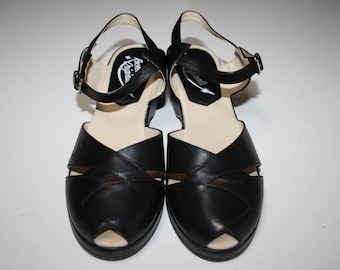 1950's style wedges - Rocket Originals 'Grace' in black leather, UK size 9