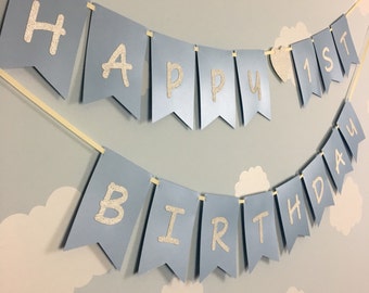 Birthday banner, first birthday banner, party banner, birthday garland, first birthday, party decorations, blue and silver