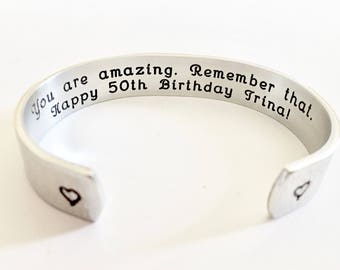 50th birthday gift. Fifty and Fabulous! Personalized BraceletSister Bracelet / Personalized Gifts for Christmas, Weddings, Birthday- by Th