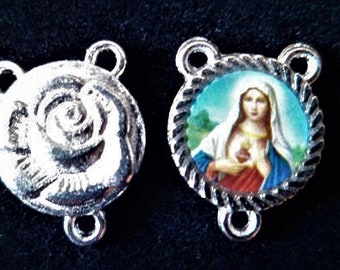 1 Center Rosary Virgin Mary 17 x 13 mm, Rose silver back heart