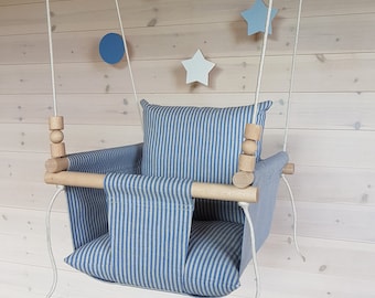 Deluxe Linen Baby Swing***Ships Fast***Toddler Swing/Stripe Linen Swing/ Indoor Swing/First Birthday Gift/ Fabric Swing/Blue Swing