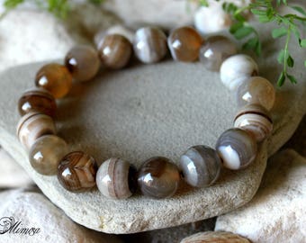 Agate Bracelet, 14mm Agate Bracelet, Banded Agate Bracelet, Striped Agate Bracelet, Agate Wrist Mala, Grey Brown Agate Bracelet, Agate